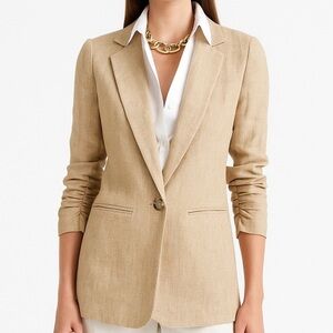 MICHAEL KORS 🆕 Linen Blazer Casual Business Ruched Sleeve Jacket Lined Beige 2